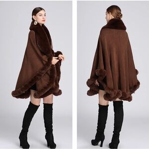 Stylish Brown Cape with Faux Fur Trim